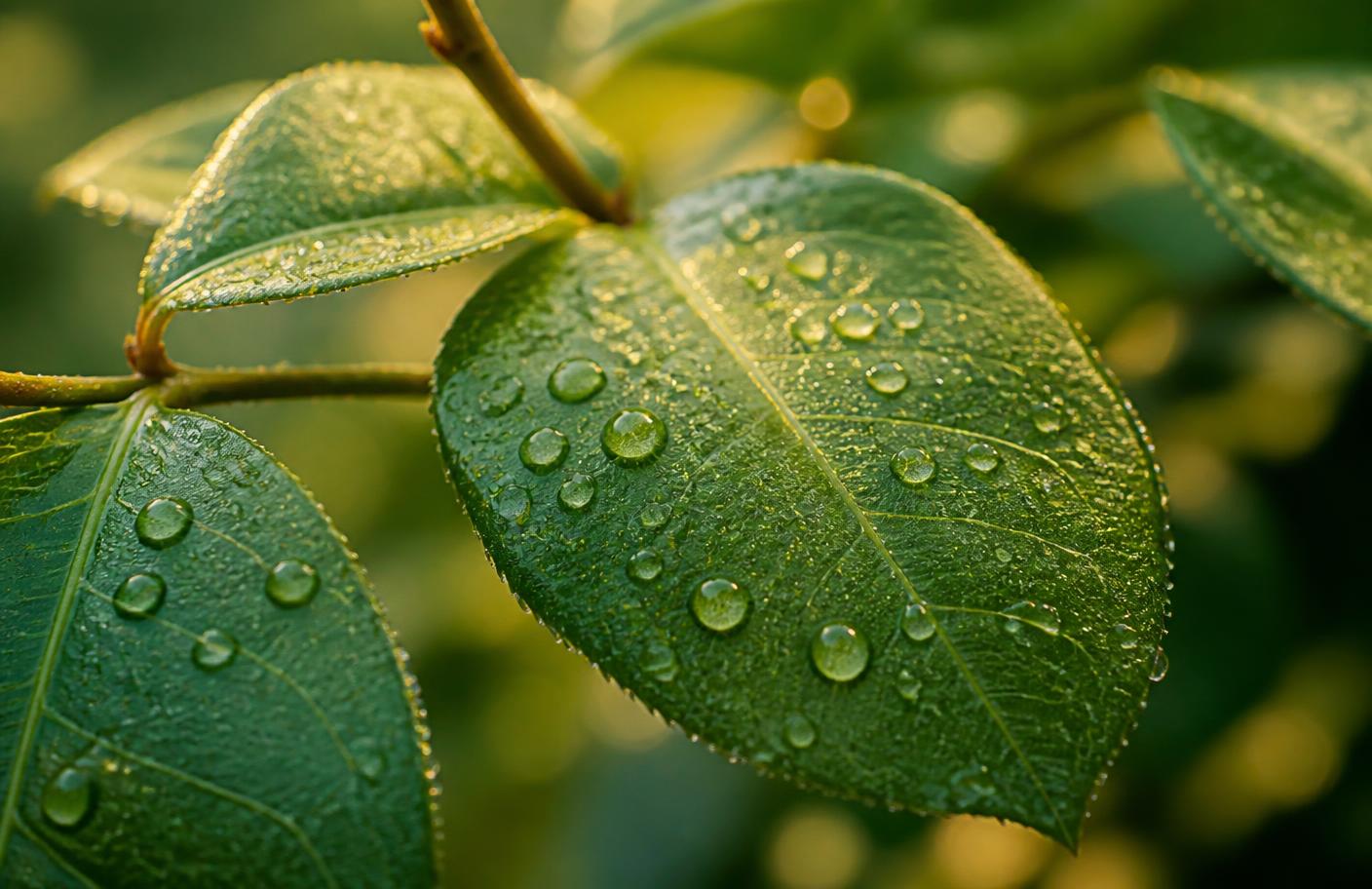 Feuilles couvertes de rosée dans la lumière du matin