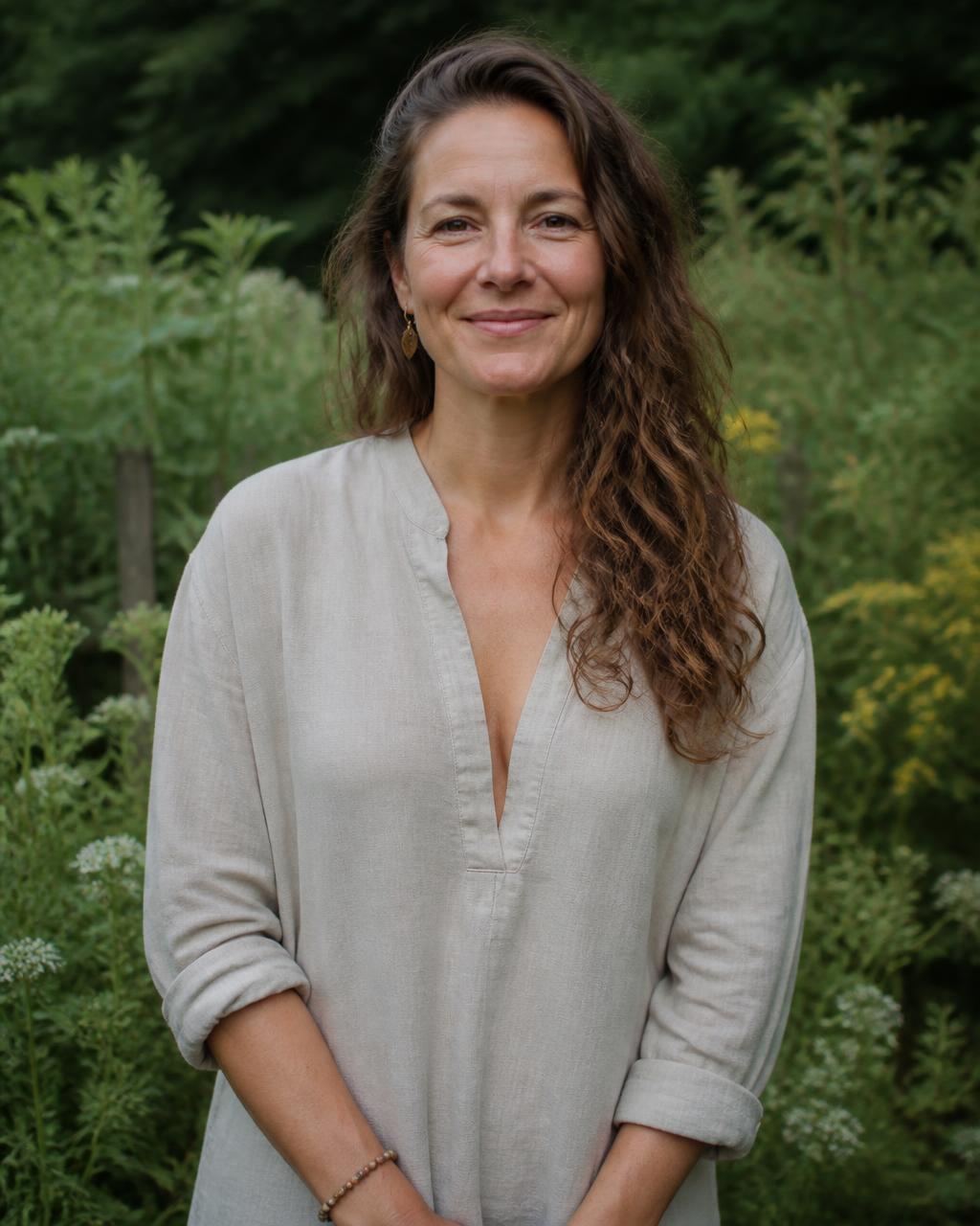 Portrait de la fondatrice du Temple du Vivant dans un jardin